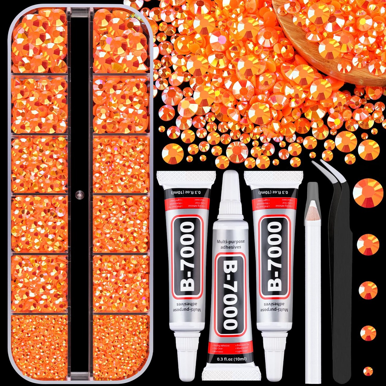 1 Box Orange AB Resin Jelly Flatback Rhinestones with 3Pcs B7000 Glue